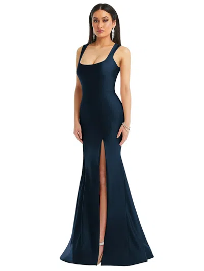 Cynthia & Sahar Square Neck Stretch Satin Mermaid Dress With Slight Train In Blue