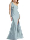 Cynthia & Sahar Cascading Bow One-shoulder Stretch Satin Mermaid Dress With Slight Train In Grey