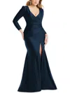 Cynthia & Sahar Long Sleeve Draped Wrap Stretch Satin Mermaid Dress With Slight Train In Multi