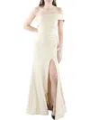 Cynthia & Sahar Shirred Shoulder Stretch Satin Mermaid Dress With Slight Train In White