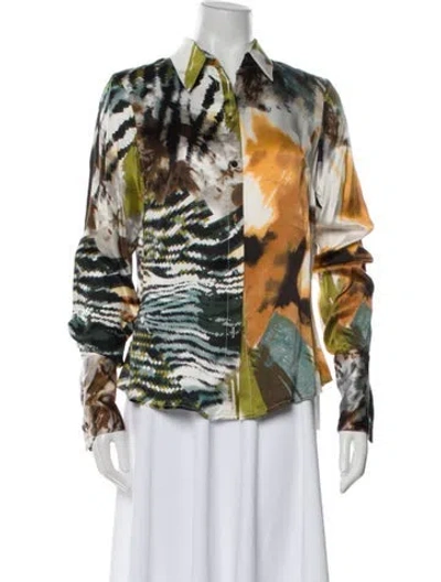 Pre-owned Cynthia Rose Printed Long Sleeve Button-up Top In White
