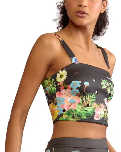 Cynthia Rowley Floral-print Sleeveless Cropped Top In Gold