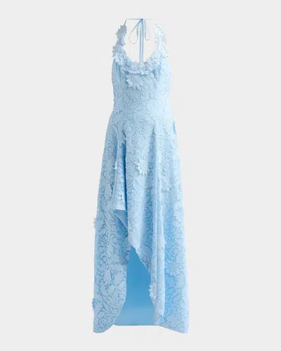 Cynthia Rowley Avira Floral Appliqué Lace Halter Gown In Blue