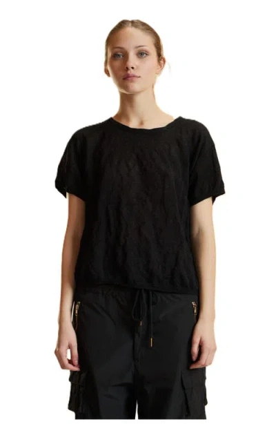 Cynthia Rowley Crinkle Knit Short Sleeve Top In Black