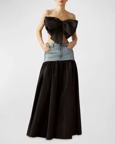 Cynthia Rowley Denim & Silk Taffeta Maxi Skirt In Black