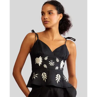 Cynthia Rowley Floral-embroidered Hemp Top In Black