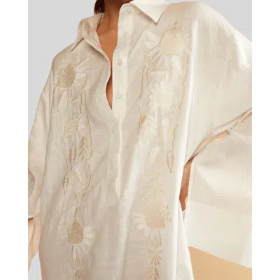 Cynthia Rowley Embroidered Hemp Shirt Dress In Beige