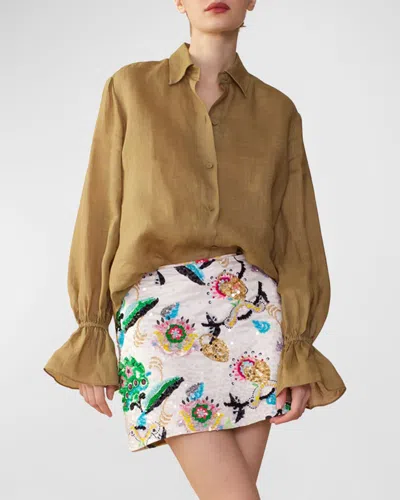 Cynthia Rowley Embroidered Sequin Satin Mini Skirt In Green