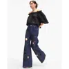 Cynthia Rowley Embroidered Wide-leg Jean In Navy/black