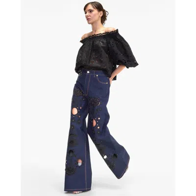 Cynthia Rowley Embroidered Wide-leg Jean In Navy/black
