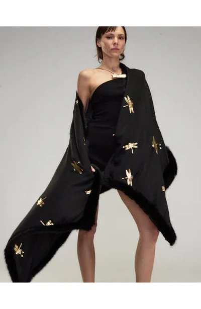 Cynthia Rowley Faux Fur Trim Wrap In Black Gold