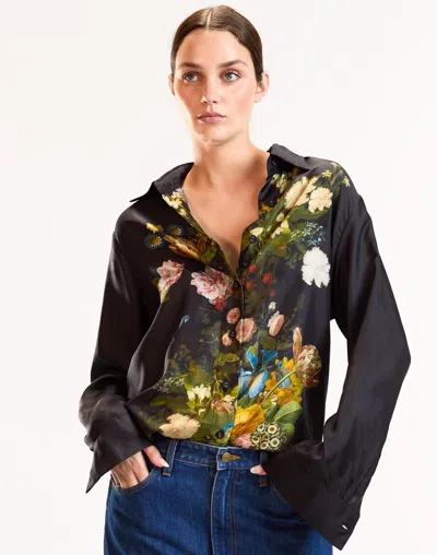 Cynthia Rowley Floral Collectible Silk Shirt In Black