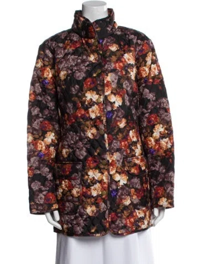 Pre-owned Cynthia Rowley Floral Print Faux Fur Coat In Black