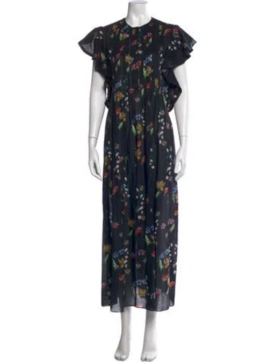 Pre-owned Cynthia Rowley Floral Print Long Dress In Black