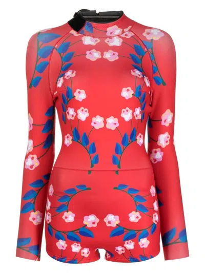 Cynthia Rowley Floral-print Long-sleeve Swimsuit In Red