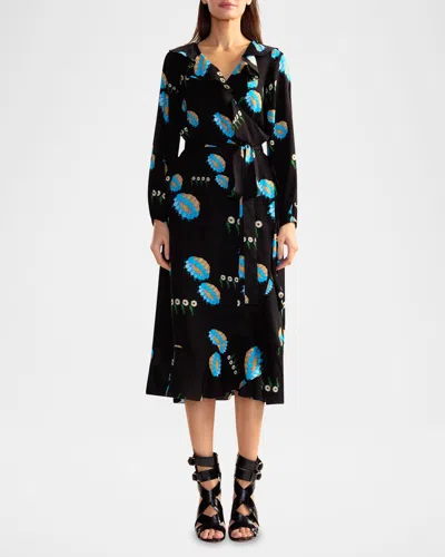 Cynthia Rowley Floral-print Ruffle Midi Wrap Dress In Black Floral