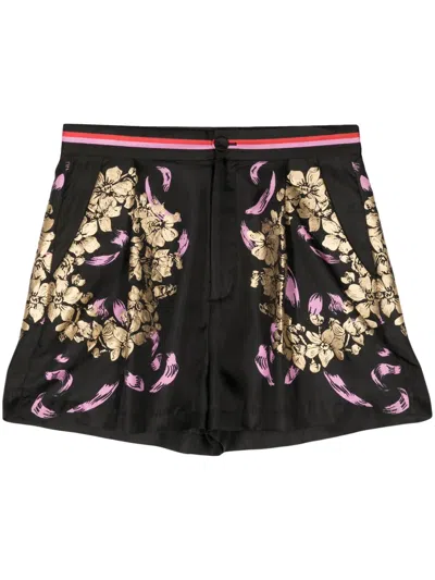 Cynthia Rowley Floral-print Silk Shorts In Black