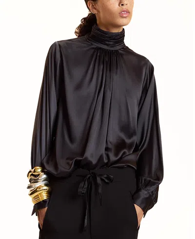 Cynthia Rowley High Neck Silk Blouse In Black