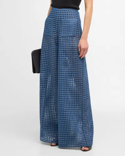 Cynthia Rowley High-rise Wide-leg Lattice Lace Pants In Denim