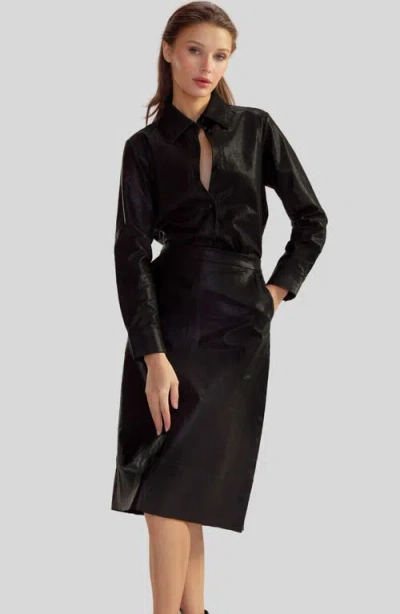 Cynthia Rowley Leather Button Up Shirt In Black