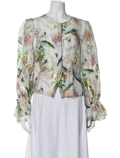 Pre-owned Cynthia Rowley Linen Floral Print Jacket In Green