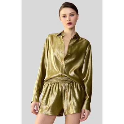 Cynthia Rowley Liquid Gold Lamé Shorts In Metallic Olive Gold