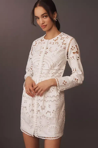 Cynthia Rowley Long-sleeve Embroidered Cutwork Linen Button-front Mini Dress In White