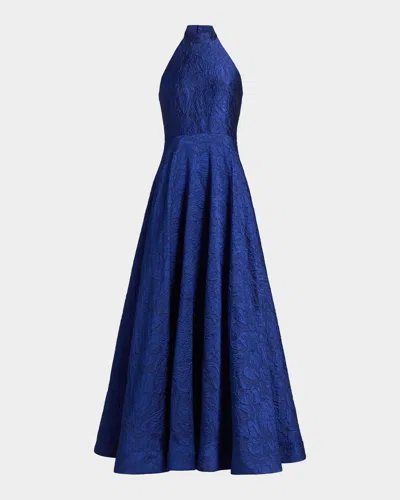 Cynthia Rowley Luna Jacquard Halter Gown In Blue