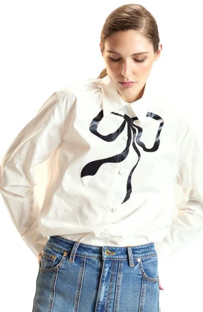 Cynthia Rowley Metallic Bow Cotton Shirt In White