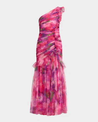 Cynthia Rowley Myrtle One-shoulder Ruffle Tulle Mermaid Gown In Pink