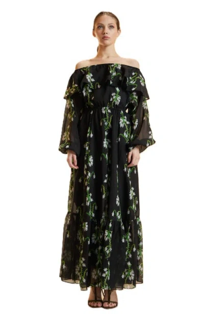 Cynthia Rowley Off Shoulder Silk Maxi Dress In Black