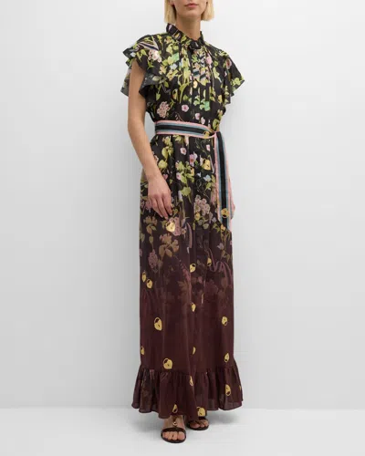 Cynthia Rowley Ombre Floral-print Flounce Kaftan In Black Multi