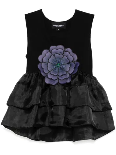 Cynthia Rowley Organza Flower Top In Black