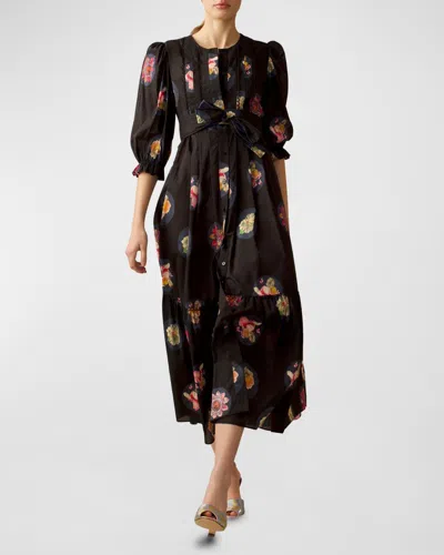 Cynthia Rowley Floral-print Puff-sleeve Midi Dress In Black Floral