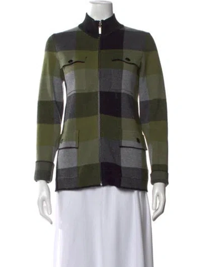 Pre-owned Cynthia Rowley Plaid Print Mock Neck Sweater In Green