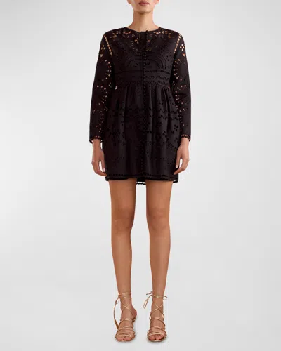 Cynthia Rowley Pleated Eyelet-embroidered Linen Mini Dress In Black