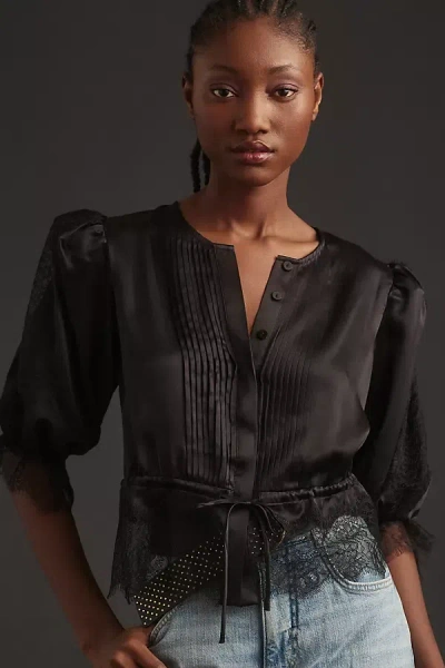 Cynthia Rowley Puff-sleeve Lace Silk Blouse In Black