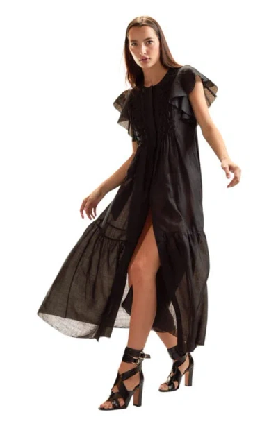 Cynthia Rowley Ramie Midi Pintuck Kaftan In Black