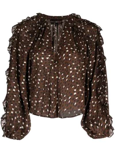 Cynthia Rowley Ruffled Polka-dot Silk Blouse In Brown