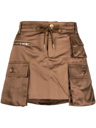 Cynthia Rowley Satin Cargo Miniskirt In Coffee