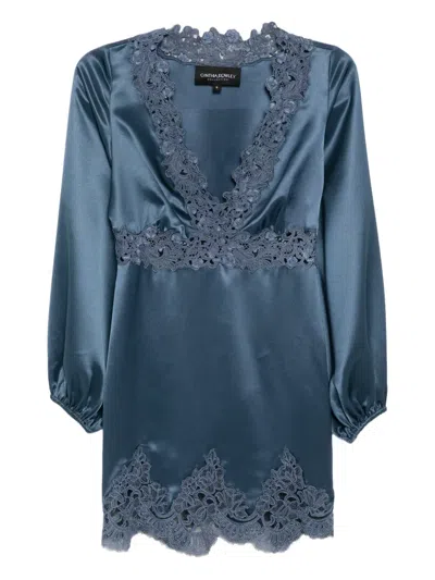 Cynthia Rowley Satin Lace Mini Dress In Blue