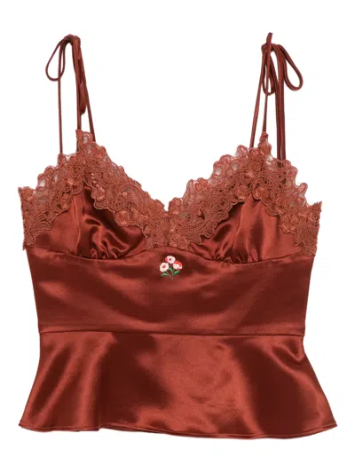 Cynthia Rowley Satin Lace Top In Brown