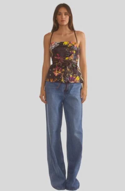 Cynthia Rowley Satin Leather Ties Embellished Top In Black Floral