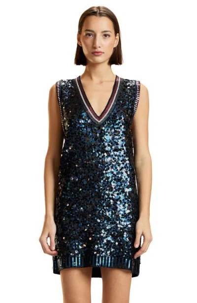 Cynthia Rowley Sequin V-neck Mini Knit Dress In Blue