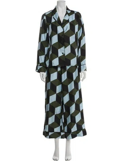 Pre-owned Cynthia Rowley Silk Colorblock Pattern Pant Set In Green