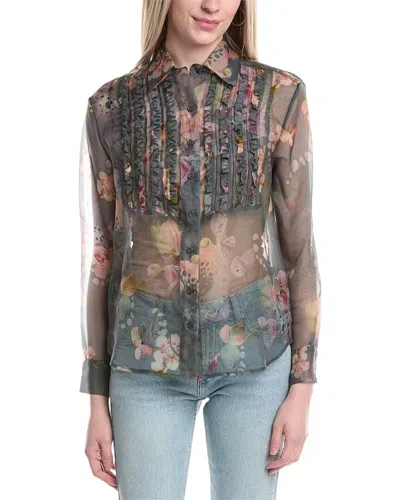 Cynthia Rowley Silk Organza Tuxedo Shirt In Gray