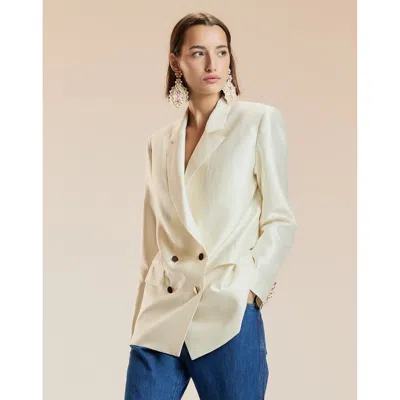 Cynthia Rowley Silk Wool Double Breasted Blazer In Neutral