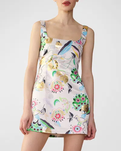 Cynthia Rowley Square-neck Floral-print Satin Mini Dress In Multi