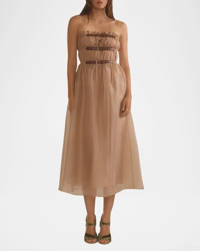 Cynthia Rowley Strapless Buckle-embellished Midi Dress In Camel
