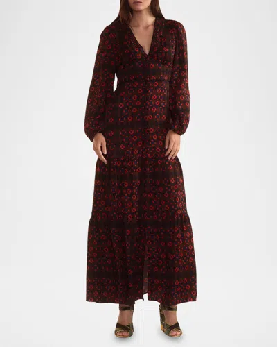 Cynthia Rowley Tiered Geometric-print Maxi Dress In Geo Black/red Combo